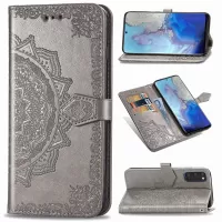 Embossed Mandala Flower Wallet Leather Stand Protection Cover for Samsung Galaxy S20 4G/S20 5G - Grey