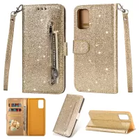 Flash Powder Zipper Pocket Leather Wallet Case Phone Shell for Samsung Galaxy S20 4G/S20 5G - Gold