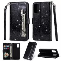 Flash Powder Zipper Pocket Leather Wallet Case Phone Shell for Samsung Galaxy S20 4G/S20 5G - Black