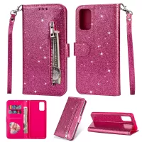 Flash Powder Zipper Pocket Leather Wallet Case Phone Shell for Samsung Galaxy S20 4G/S20 5G - Rose