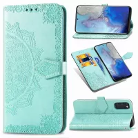 Embossed Mandala Flower Wallet Leather Stand Protection Cover for Samsung Galaxy S20 4G/S20 5G - Cyan