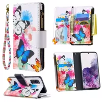 Patterned Zipper Wallet with 9 Card Slots Leather Phone Case Cover for Samsung Galaxy S20 4G/S20 5G - Three Butterflies