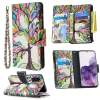 Patterned Zipper Wallet with 9 Card Slots Leather Phone Case Cover for Samsung Galaxy S20 4G/S20 5G - Color Tree