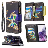 Patterned Zipper Wallet with 9 Card Slots Leather Phone Case Cover for Samsung Galaxy S20 4G/S20 5G - Gold Butterfly