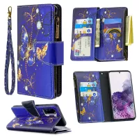 Patterned Zipper Wallet with 9 Card Slots Leather Phone Case Cover for Samsung Galaxy S20 4G/S20 5G - Blue Butterfly