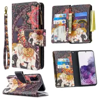Patterned Zipper Wallet with 9 Card Slots Leather Phone Case Cover for Samsung Galaxy S20 4G/S20 5G - Elephant
