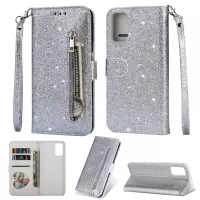 Flash Powder Zipper Pocket Leather Wallet Case Phone Shell for Samsung Galaxy S20 4G/S20 5G - Silver