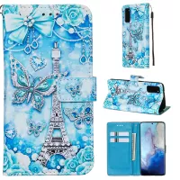 Pattern Printing Leather Wallet Case for Samsung Galaxy S20 4G/S20 5G - Butterfly and Tower
