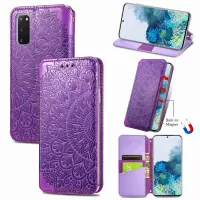 Imprinted Mandala Flower Pattern Auto-absorbed PU Leather Case Stand Wallet for Samsung Galaxy S20 4G/S20 5G - Purple