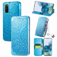 Imprinted Mandala Flower Pattern Auto-absorbed PU Leather Case Stand Wallet for Samsung Galaxy S20 4G/S20 5G - Blue