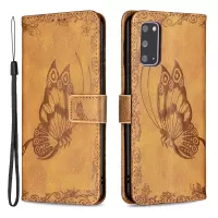 Imprint Butterfly Flower Leather Wallet Shell Case for Samsung Galaxy S20 4G/S20 5G - Brown