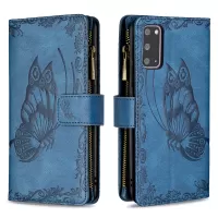 Zipper Pocket Design Imprinted Butterfly Pattern Wallet Stand Leather Phone Case Shell for Samsung Galaxy S20 4G/S20 5G - Blue