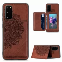 Magnetic Auto-absorbed Kickstand Leather Coated Phone Case Cover with Imprinted Mandala Flower for Samsung Galaxy S20 4G/S20 5G - Brown