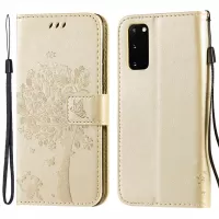 KT Imprinting Flower Series-3 Cat and Tree Imprinting Adjustable Stand Design Leather Cover + TPU Inner Phone Wallet Case for Samsung Galaxy S20 4G/S20 5G - Gold