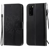 KT Imprinting Flower Series-3 Cat and Tree Imprinting Adjustable Stand Design Leather Cover + TPU Inner Phone Wallet Case for Samsung Galaxy S20 4G/S20 5G - Black