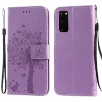 KT Imprinting Flower Series-3 Cat and Tree Imprinting Adjustable Stand Design Leather Cover + TPU Inner Phone Wallet Case for Samsung Galaxy S20 4G/S20 5G - Light Purple