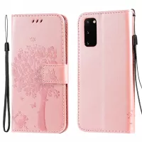 KT Imprinting Flower Series-3 Cat and Tree Imprinting Adjustable Stand Design Leather Cover + TPU Inner Phone Wallet Case for Samsung Galaxy S20 4G/S20 5G - Rose Gold