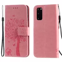 KT Imprinting Flower Series-3 Cat and Tree Imprinting Adjustable Stand Design Leather Cover + TPU Inner Phone Wallet Case for Samsung Galaxy S20 4G/S20 5G - Pink