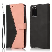 Color Splicing Design PU Leather Cell Phone Full-Protection Wallet Stand Case Shell with Lanyard for Samsung Galaxy S20 4G/S20 5G - Black/Rose Gold