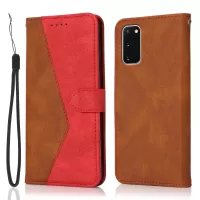 Color Splicing Design PU Leather Cell Phone Full-Protection Wallet Stand Case Shell with Lanyard for Samsung Galaxy S20 4G/S20 5G - Brown/Red