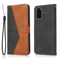 Color Splicing Design PU Leather Cell Phone Full-Protection Wallet Stand Case Shell with Lanyard for Samsung Galaxy S20 4G/S20 5G - Black/Brown