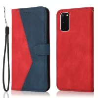 Color Splicing Design PU Leather Cell Phone Full-Protection Wallet Stand Case Shell with Lanyard for Samsung Galaxy S20 4G/S20 5G - Red/Blue