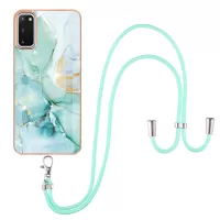 Marble Pattern Electroplated Edge Soft TPU Anti-Scratch IMD Phone Case with Strap for Samsung Galaxy S20 4G/S20 5G - Green 003