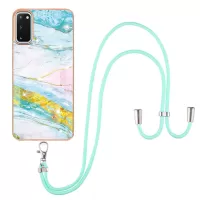 Marble Pattern Electroplated Edge Soft TPU Anti-Scratch IMD Phone Case with Strap for Samsung Galaxy S20 4G/S20 5G - Green 004