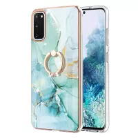 Anti-Drop Flexible TPU Cover Electroplating Frame IMD Marble Pattern IML Phone Case with Rotary Ring Kickstand for Samsung Galaxy S20 4G/S20 5G - Green 003