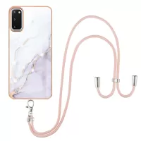 Marble Pattern Electroplated Edge Soft TPU Anti-Scratch IMD Phone Case with Strap for Samsung Galaxy S20 4G/S20 5G - White 006