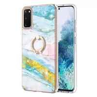 Anti-Drop Flexible TPU Cover Electroplating Frame IMD Marble Pattern IML Phone Case with Rotary Ring Kickstand for Samsung Galaxy S20 4G/S20 5G - Green 004