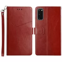 Imprinting Y-shaped Line Shockproof PU Leather Wallet Phone Case Cover with Lanyard for Samsung Galaxy S20 4G/S20 5G - Wine Red