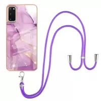 Marble Pattern Electroplated Edge Soft TPU Anti-Scratch IMD Phone Case with Strap for Samsung Galaxy S20 4G/S20 5G - Purple 001