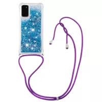 Quicksand Liquid Shiny Glitter TPU Phone Case Cover with Adjustable Lanyard for Samsung Galaxy S20 4G/S20 5G - Blue Hearts