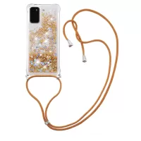 Quicksand Liquid Shiny Glitter TPU Phone Case Cover with Adjustable Lanyard for Samsung Galaxy S20 4G/S20 5G - Diamond Gold Hearts