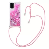 Quicksand Liquid Shiny Glitter TPU Phone Case Cover with Adjustable Lanyard for Samsung Galaxy S20 4G/S20 5G - Pink Hearts