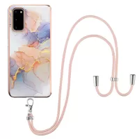 IMD IML TPU Phone Shell Electroplating Flexible Case with Marble Flower Pattern + Long Lanyard for Samsung Galaxy S20 4G/S20 5G - The Milky Way/Marble/White