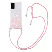Quicksand Liquid Shiny Glitter TPU Phone Case Cover with Adjustable Lanyard for Samsung Galaxy S20 4G/S20 5G - Silver Pink Stars