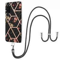 IMD IML TPU Phone Shell Electroplating Flexible Case with Marble Flower Pattern + Long Lanyard for Samsung Galaxy S20 4G/S20 5G - Black/Flowers