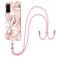 IMD IML TPU Phone Shell Electroplating Flexible Case with Marble Flower Pattern + Long Lanyard for Samsung Galaxy S20 4G/S20 5G - Pink Flowers