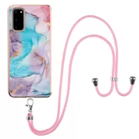 IMD IML TPU Phone Shell Electroplating Flexible Case with Marble Flower Pattern + Long Lanyard for Samsung Galaxy S20 4G/S20 5G - The Milky Way/Marble/Blue