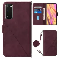 PB2-1 Series Wallet Function Smartphone Shell Bag Lines Imprinting Magnetic Clasp Shock-absorption PU Leather + TPU Stand Case with Shoulder Strap for Samsung Galaxy S20 4G/S20 5G - Wine Red