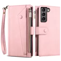 ESEBLE For Samsung Galaxy S22+ 5G Multifunction Zipper Pocket Wallet Stand Cover Shockproof Phone Case with Wrist Strap - Pink