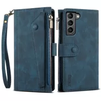 ESEBLE For Samsung Galaxy S22+ 5G Multifunction Zipper Pocket Wallet Stand Cover Shockproof Phone Case with Wrist Strap - Blue