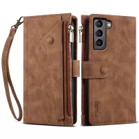 ESEBLE For Samsung Galaxy S22 5G Multifunction Zipper Pocket Wallet Stand Phone Cover Case with Wrist Strap - Brown