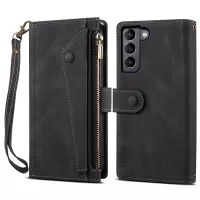 ESEBLE For Samsung Galaxy S22 5G Multifunction Zipper Pocket Wallet Stand Phone Cover Case with Wrist Strap - Black