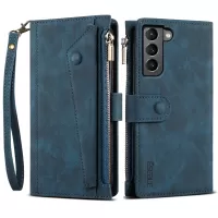 ESEBLE For Samsung Galaxy S22 5G Multifunction Zipper Pocket Wallet Stand Phone Cover Case with Wrist Strap - Blue