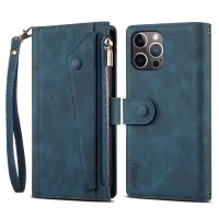 ESEBLE For iPhone 13 Pro Max 6.7 inch Mobile Phone Case Wallet Stand Cover Dustproof Phone Cover with Wrist Strap - Blue