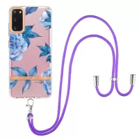 YB IMD-9 Series IMD IML Electroplating Phone Case for Samsung Galaxy S20 4G/S20 5G, Soft TPU Flower Pattern Phone Cover with Lanyard - HC003 Blue Peony