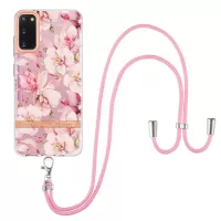 YB IMD-9 Series IMD IML Electroplating Phone Case for Samsung Galaxy S20 4G/S20 5G, Soft TPU Flower Pattern Phone Cover with Lanyard - HC005 Pink Gardenia